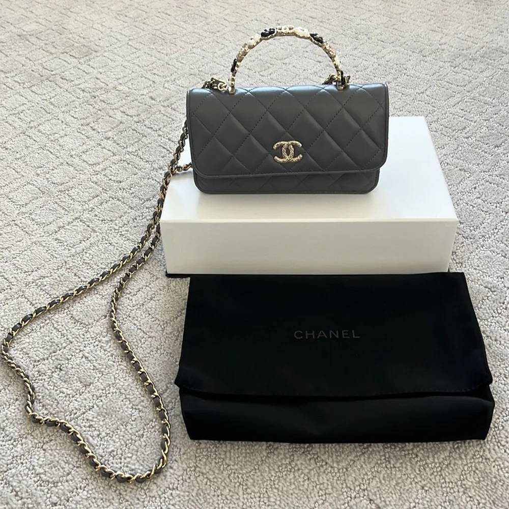 Chanel Grey Flap Phone Holder with Floral Handle and Chain